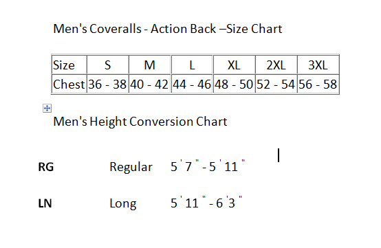 Coverall Conversion Chart